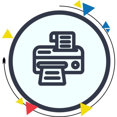 Ofis ekipmanı ve belge yazdırma hizmetlerini temsil etmek için dairesel düğme içinde kağıt sayfaları olan basit ana hat simgesi yazıcısı.