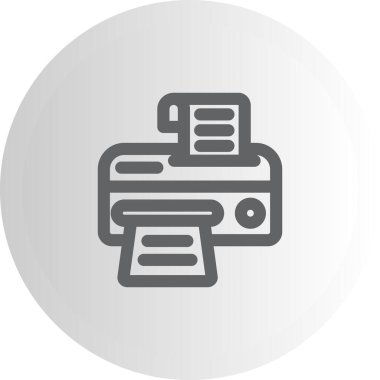 Ofis ekipmanı ve belge yazdırma hizmetlerini temsil etmek için dairesel düğme içinde kağıt sayfaları olan basit ana hat simgesi yazıcısı.