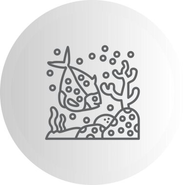 Minimalist çizgi simgesi, tek bir benekli balığın mercanlarla denizde yüzdüğünü gösteriyor.