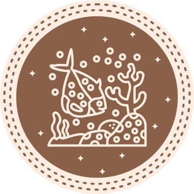 Minimalist çizgi simgesi, tek bir benekli balığın mercanlarla denizde yüzdüğünü gösteriyor.