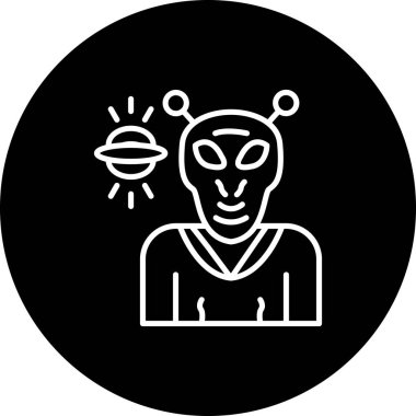 Antenleri ve gezegen sembolü olan uzaylı bir karakter.