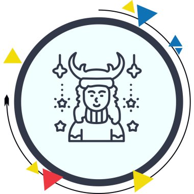 Geyik boynuzu ve dekorasyon takan stilize bir figür.