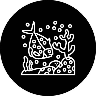 Minimalist çizgi simgesi, tek bir benekli balığın mercanlarla denizde yüzdüğünü gösteriyor.