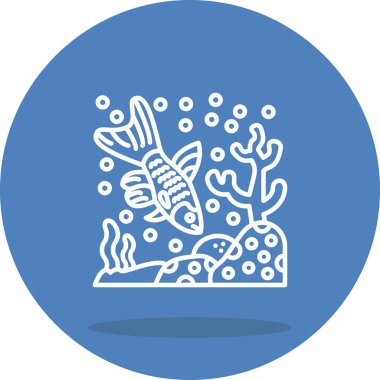 Minimalist çizgi simgesi, mercanlarla deniz suyunda yüzen uzun kuyruklu tek bir gupiyi tasvir ediyor.