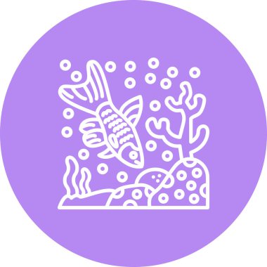 Minimalist çizgi simgesi, mercanlarla deniz suyunda yüzen uzun kuyruklu tek bir gupiyi tasvir ediyor.