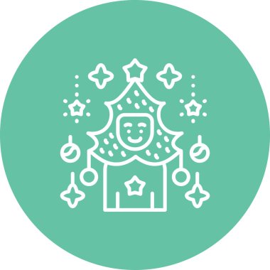 Asılı yıldız ve balo süsleriyle çevrili şık bir Noel ağacı kostümü giyen neşeli bir insan. Uygulama için uygun simge.