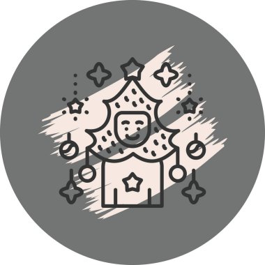 Asılı yıldız ve balo süsleriyle çevrili şık bir Noel ağacı kostümü giyen neşeli bir insan. Uygulama için uygun simge.