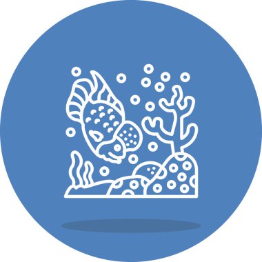 Minimalist drawing features a Flowerhorn Cichlid Fish  swimming near coral and bubbles inside a circle, ideal for app interfaces.