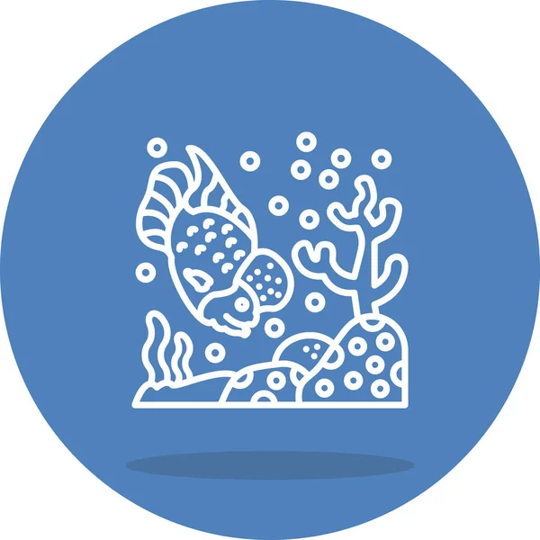 Minimalist drawing features a Flowerhorn Cichlid Fish  swimming near coral and bubbles inside a circle, ideal for app interfaces.