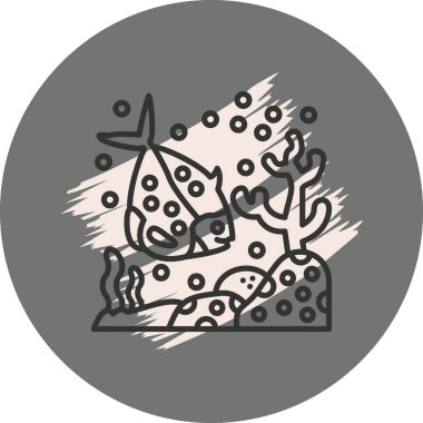 Minimalist çizgi simgesi, tek bir benekli balığın mercanlarla denizde yüzdüğünü gösteriyor.