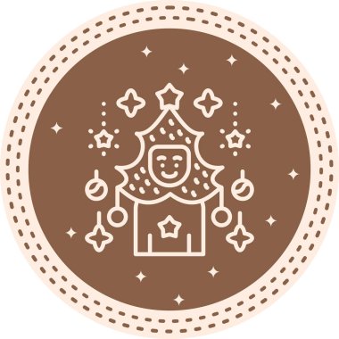 Asılı yıldız ve balo süsleriyle çevrili şık bir Noel ağacı kostümü giyen neşeli bir insan. Uygulama için uygun simge.