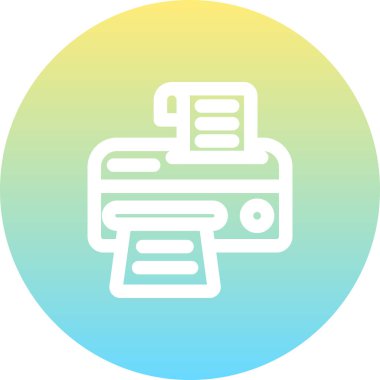 Ofis ekipmanı ve belge yazdırma hizmetlerini temsil etmek için dairesel düğme içinde kağıt sayfaları olan basit ana hat simgesi yazıcısı.