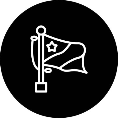 Köşesinde tek bir yıldız olan bayrak direğinde bir bayrak ve merkezde çapraz bir çizgi nötr bir arkaplanda dairesel bir çerçeve içinde sergilenir..