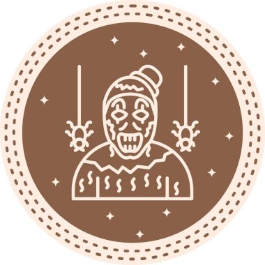 Korkunç palyaço şapkası ve yırtık pırtık kostüm giymiş, ağlardan sarkan iki örümceğin çizgisi..