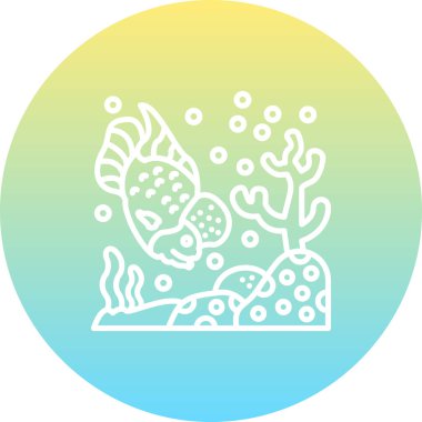 Minimalist çizimde bir Flowerhorn Cichlid Balığı bir çember içinde yüzer ve kabarcıklar oluşturur, uygulama arayüzleri için idealdir..