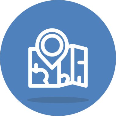 Belirli bir bölümün üzerine yerleştirilmiş büyük bir lokasyon pin işaretleyicisi içeren katlanmış kağıt haritası. Uygulama için uygun simge.