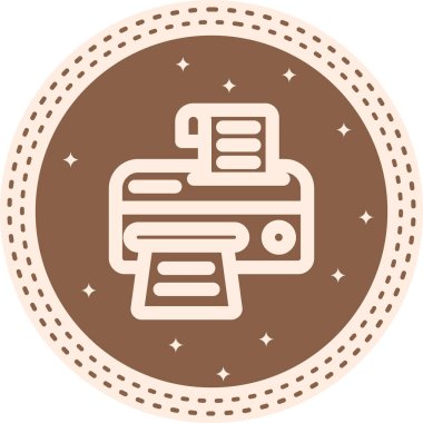 Ofis ekipmanı ve belge yazdırma hizmetlerini temsil etmek için dairesel düğme içinde kağıt sayfaları olan basit ana hat simgesi yazıcısı.