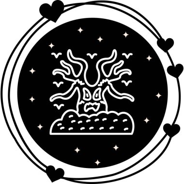 Gövdesinde tehditkar bir yüzle ürkünç eğri büğrü bir ağaç ve etrafında uçuşan kuşlar, süslü dairesel bir çerçevenin içinde. Uygulama için uygun simge.