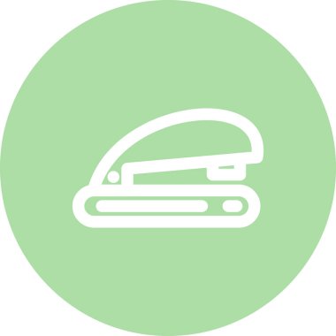 Minimalist çizgi simgesi, ofis malzemelerini ve belge yönetimini temsil eden açık gri arkaplan üzerinde beyaz dairesel düğme içinde tek bir zımba içerir.