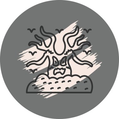 Gövdesinde tehditkar bir yüzle ürkünç eğri büğrü bir ağaç ve etrafında uçuşan kuşlar, süslü dairesel bir çerçevenin içinde. Uygulama için uygun simge.