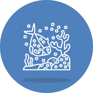 Minimalist çizgi simgesi, tek bir benekli balığın mercanlarla denizde yüzdüğünü gösteriyor.