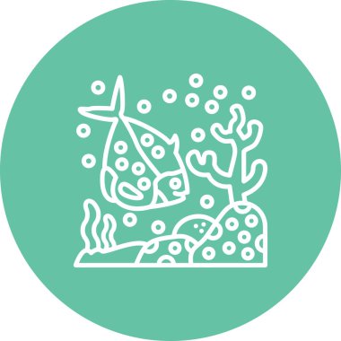 Minimalist çizgi simgesi, tek bir benekli balığın mercanlarla denizde yüzdüğünü gösteriyor.