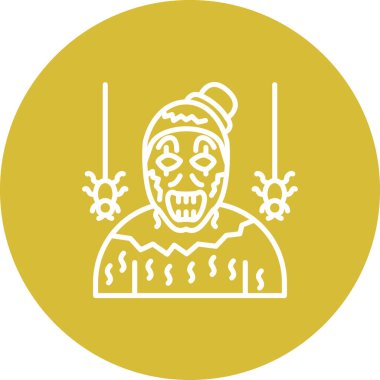 Korkunç palyaço şapkası ve yırtık pırtık kostüm giymiş, ağlardan sarkan iki örümceğin çizgisi..