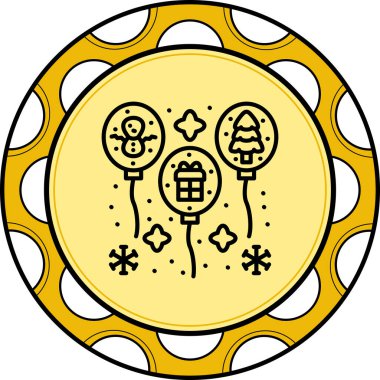 Bir çemberin içinde yüzen üç balon ve noel simgeleri.