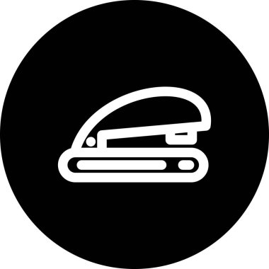 Minimalist çizgi simgesi, ofis malzemelerini ve belge yönetimini temsil eden açık gri arkaplan üzerinde beyaz dairesel düğme içinde tek bir zımba içerir.