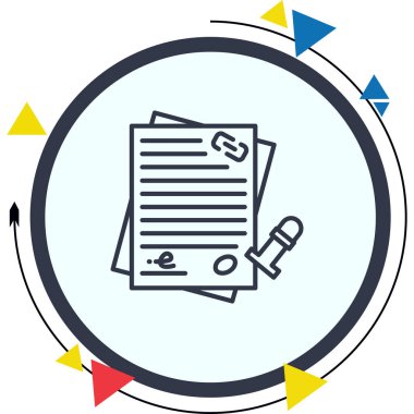 Hukuk firması uygulamaları veya resmi belge web sayfaları için uygun, ataçlı ve damgalı bir belgenin yer aldığı profesyonel hukuki ve idari grafikler