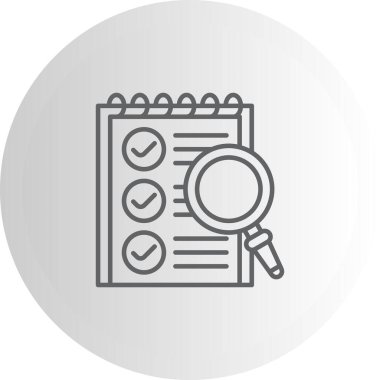 Liste ögelerinin yanında kontrol işaretleri ve sağ tarafında büyüteç olan spiral defter. Uygulama için uygun simge.