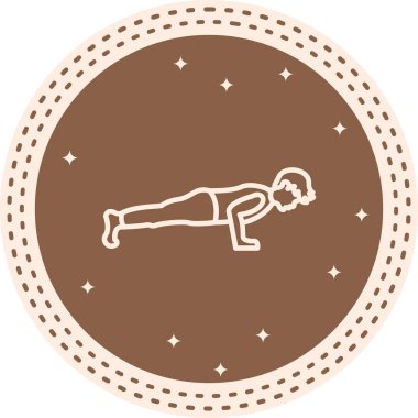 minimalist çizgi simgesi, erkek figürü dairesel düğme içinde besin, güç ve fiziksel eğitimi temsil eden tahta pozlar veriyor.