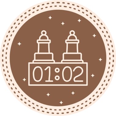 Satranç saatinin dijital zamanlayıcısının üzerinde duran iki satranç piyonunu tasvir eden minimalist çizgi simgesi.