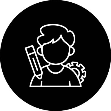 Bir satır simgesi, yanında kalem ve dişli sembolleri olan kişi profilini betimler.