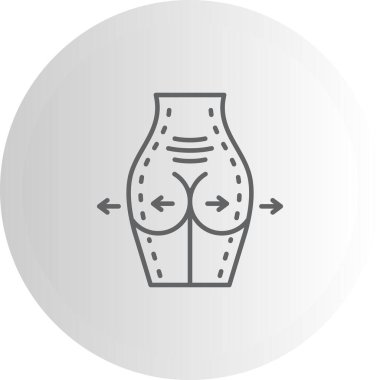 Bir gri çizgi simgesi, cerrahi veya estetik gelişmeyi gösteren kesik çizgiler ve oklarla alt insan gövdesinin dikey görünümünü betimler..