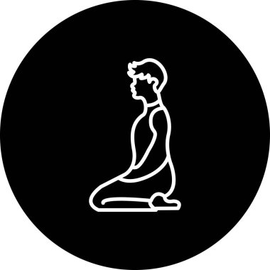Minimalist çizgi ikonu, yoga, meditasyon ve sakin fiziksel sağlığı temsil etmek için Vajrasana 'ya şimşek pozu veren bir erkek figürüne sahip..