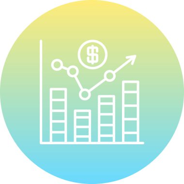 Uygulamalar veya ticaret sayfaları için uygun, bir çember içinde bar grafikleri, bir bozuk para ve yükselen bir ok gösteren mali iş illüstrasyonu.