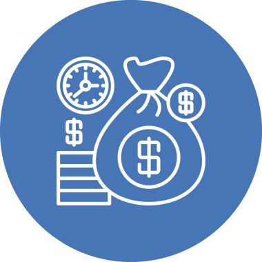 Zenginlik birikimi, zaman yönetimi ve yatırım büyümesini temsil eden bir para çantası, saat ve istiflenmiş paraların yer aldığı mali bir illüstrasyon.