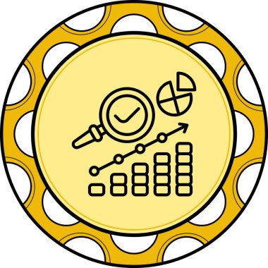 Kontrol işareti, pasta grafiği ve yükselen çubuk grafiği olan büyüteç çizimi.