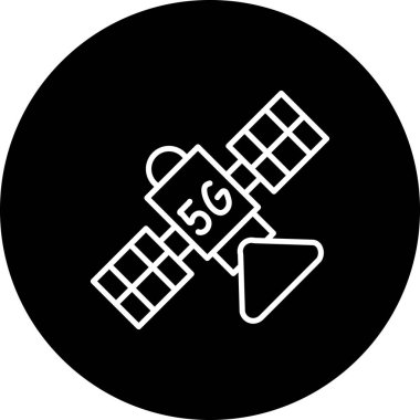 Ana gövdede 5G metin ve çapraz konumlanmış güneş panelleri bulunan iletişim uydusu. Uygulama için uygun simge.