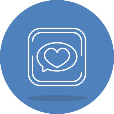 Konuşma baloncuğunun içindeki kalbin basit çizgi çizimi dairesel sınır içindeki yuvarlak kare düğmeye oturur.