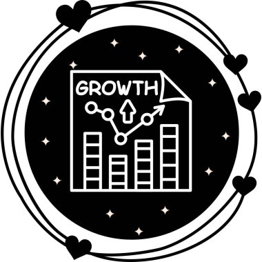 Satır grafiğinin yer aldığı belge sayfası yukarı yönlü eğilimleri, bar çizelgelerini, metin büyümesini, yukarı bakan oku gösteriyor. Siyah dairenin içinde beyaz çizgili grafikler. Finansal başarı için basit iş analizi sunumu.