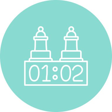 Satranç saatinin dijital zamanlayıcısının üzerinde duran iki satranç piyonunu tasvir eden minimalist çizgi simgesi.