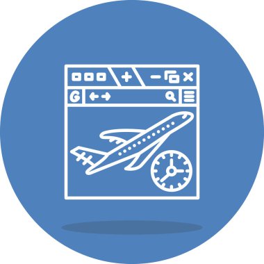 Seyahat web sayfaları için web tarayıcı penceresindeki bir uçak ve saatin basit bir çizgisi çizimi.