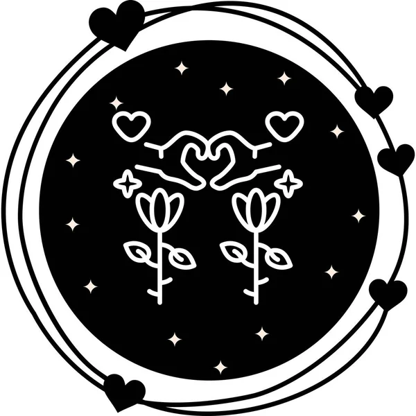 Çiçeklerin ve küçük kalplerin üzerinde kalp sembolü oluşturan iki el çizimi dekoratif sınırda duruyor..