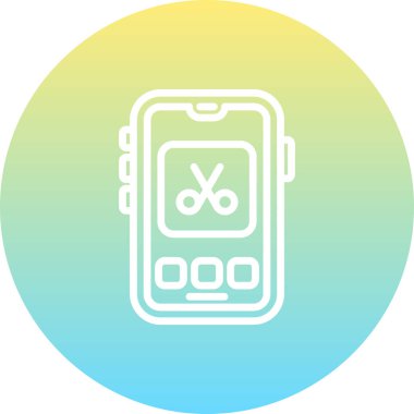 Akıllı telefon makas simgesini dairesel arkaplan içinde ekranda üç düğme ile gösteriyor. Uygulamalar veya web sayfaları için yaratıcı mobil düzenleme uygulama arayüzü.