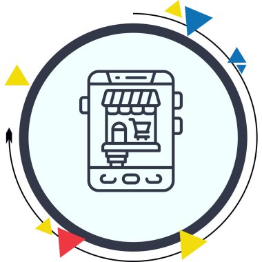 Ekranda e-ticaret platformu veya dijital perakende satış platformunu temsil eden mağaza simgesi ve alışveriş arabası sembolüyle mobil alışveriş uygulaması gösteren akıllı telefon