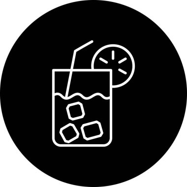 Buz küpleri, pipet ve turunçgil dilimli garnitürlü kokteyl bardağının minimalist çizgi simgesi..