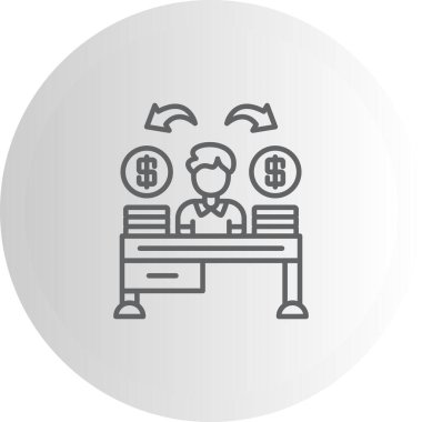 Para yığınları ve finansal yönetimi veya zenginlik dağılımını temsil eden eğri oklarla masada oturan kişiyi gösteren yaratıcı simge