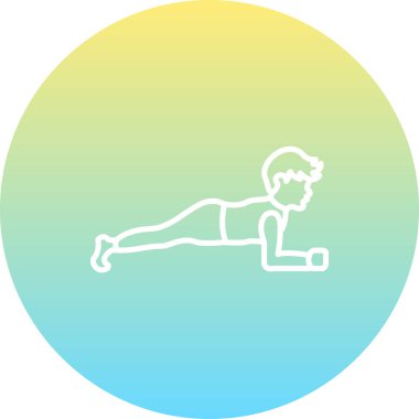 Minimalist çizgi simgesi, temel dayanıklılık ve uygunluğu temsil eden dairesel bir düğme üzerinde düşük kalas egzersizi yapan bir erkek figürüne sahiptir..